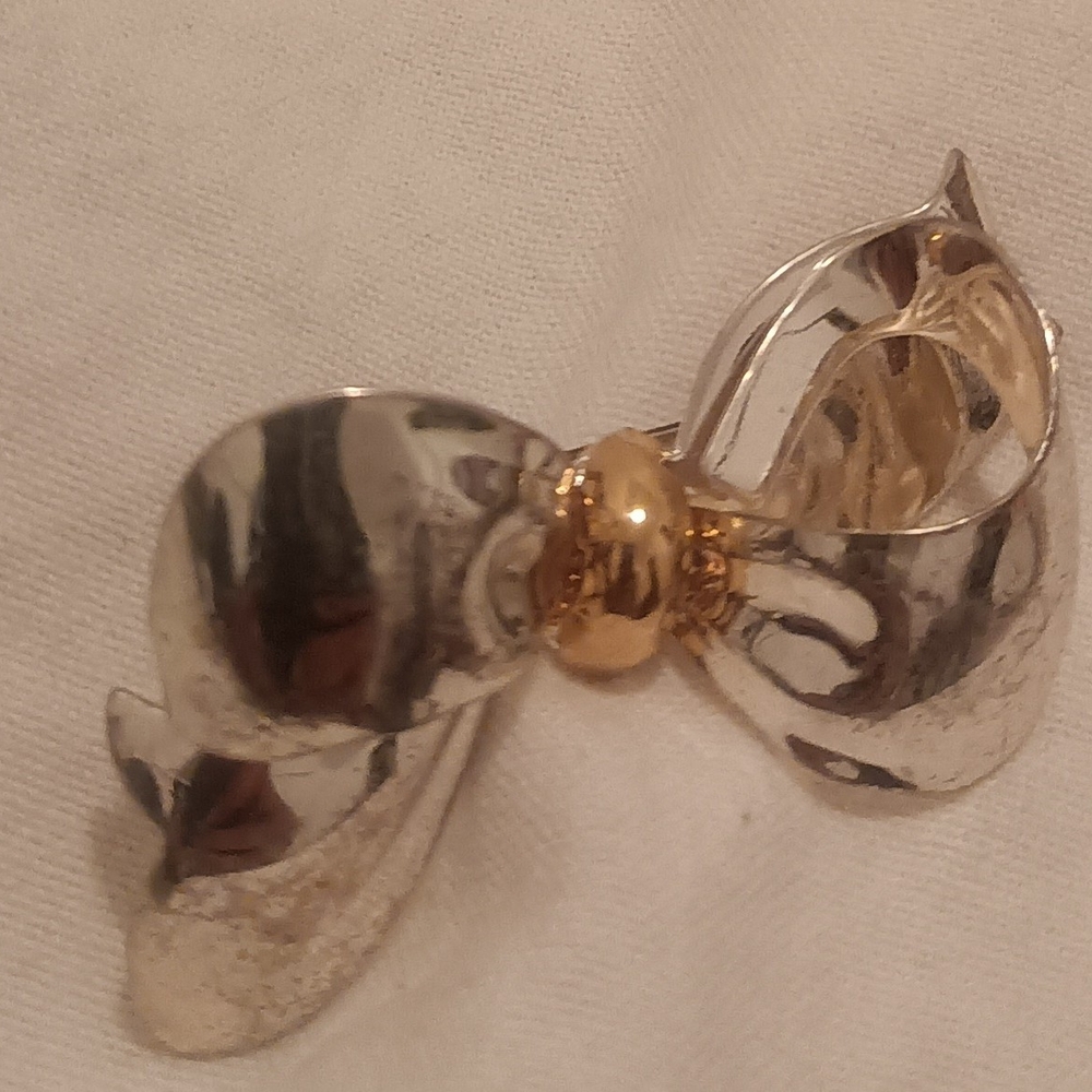 Two-Tone Silver and Gold Bow Brooch - Women Jewelry
